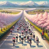 春の田園風景の中を走るロードバイクの集団、桜並木、朝倉の山々を背景に、サイクリングイベント、写実的