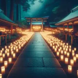 神社の参道に並ぶ無数のろうそくの灯り、夜の幻想的な光景、日本の伝統的な神社、静寂な雰囲気、写実的