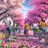 満開の桜並木の下を走るカラフルなおもしろ自転車、家族連れが楽しむ様子、春の公園、写実的