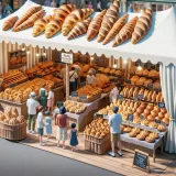 たくさんのパンが並ぶパン祭りのテント、クロワッサン、バゲット、カンパーニュ、人気パン屋の出店ブース、写実的